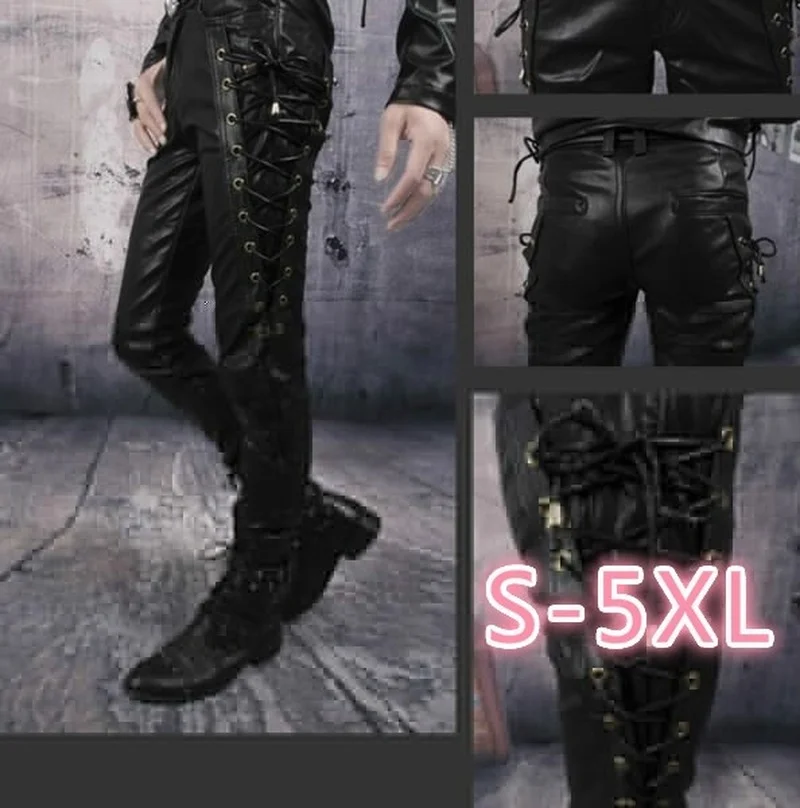 Men's Black Thick Leather Side Laces Up Jeans Style Long Pant Motorcycle Leather Trousers Leather Motorcycle Pants