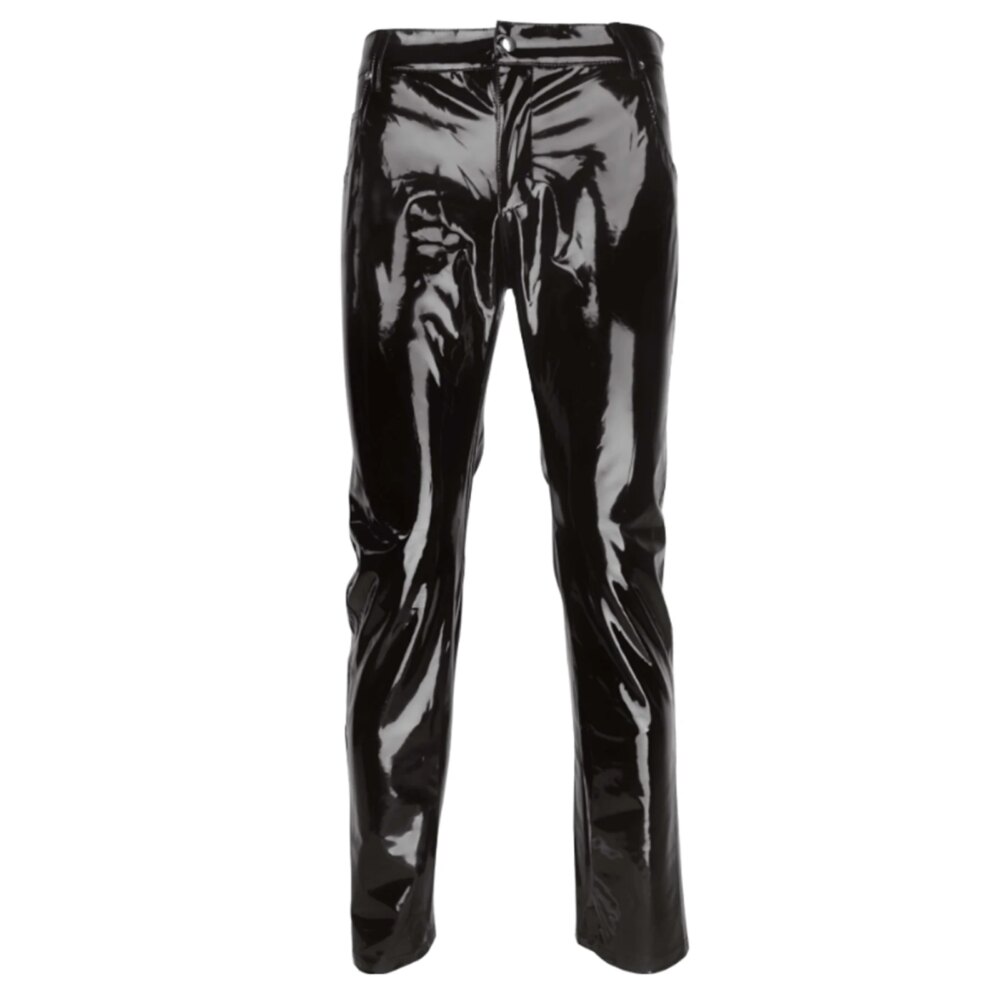 Men Wet Look Patent Leather Full Length Pants Boys Black Glossy Mid Waist Straight Trousers Bar Nightclub Stage Show Costumes