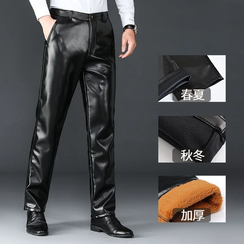 Men Gothic Pants Plus Fleece Thicken Winter Waterproof Straight Loose Elastic Comfortable Moto Biker Casual Leather Trousers - Image 3