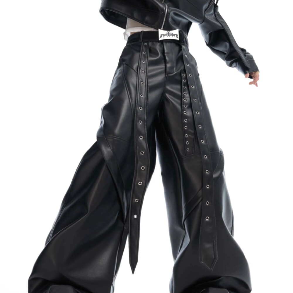 Mauroicardi Spring Autumn Cool Long Baggy Black Soft Pu Leather Wide Leg Pants Men High Waist Mens Designer Clothes Streetwear