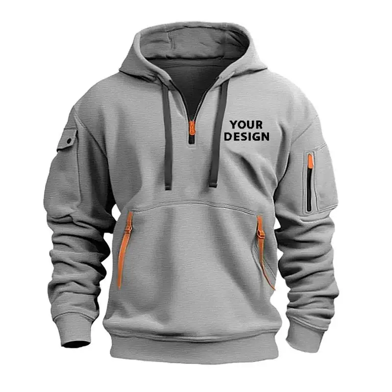 European New Men's Sports Zipper Arm Pocket Loose Casual Sweatshirt Customize Your Logo Dropped Shoulder Hooded Jacket Pullover - Image 5