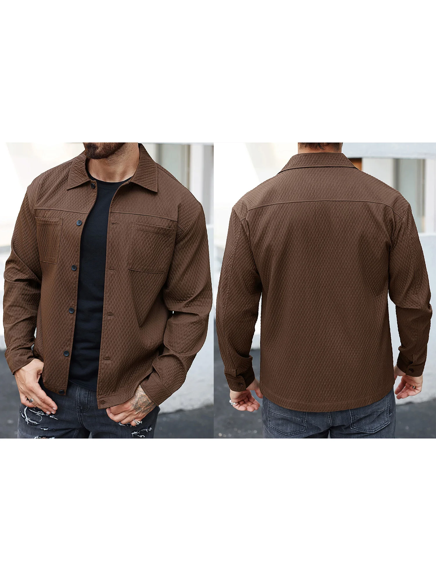 Men s Casual Shirt Jacket Regular Fit Solid Color Long Sleeve Button-up Tops Spring Fall Streetwear Fashion Outwear Coat - Image 3