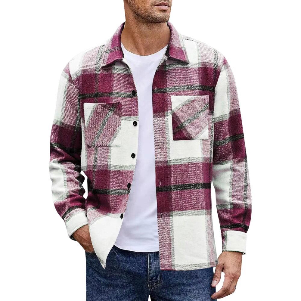 Men'S Button Down Double Pocket Warm Plaid Colorblock Casual Comfortable Shirt Jacket Jackets Man Chaquetas Hombre Casaco Mascul