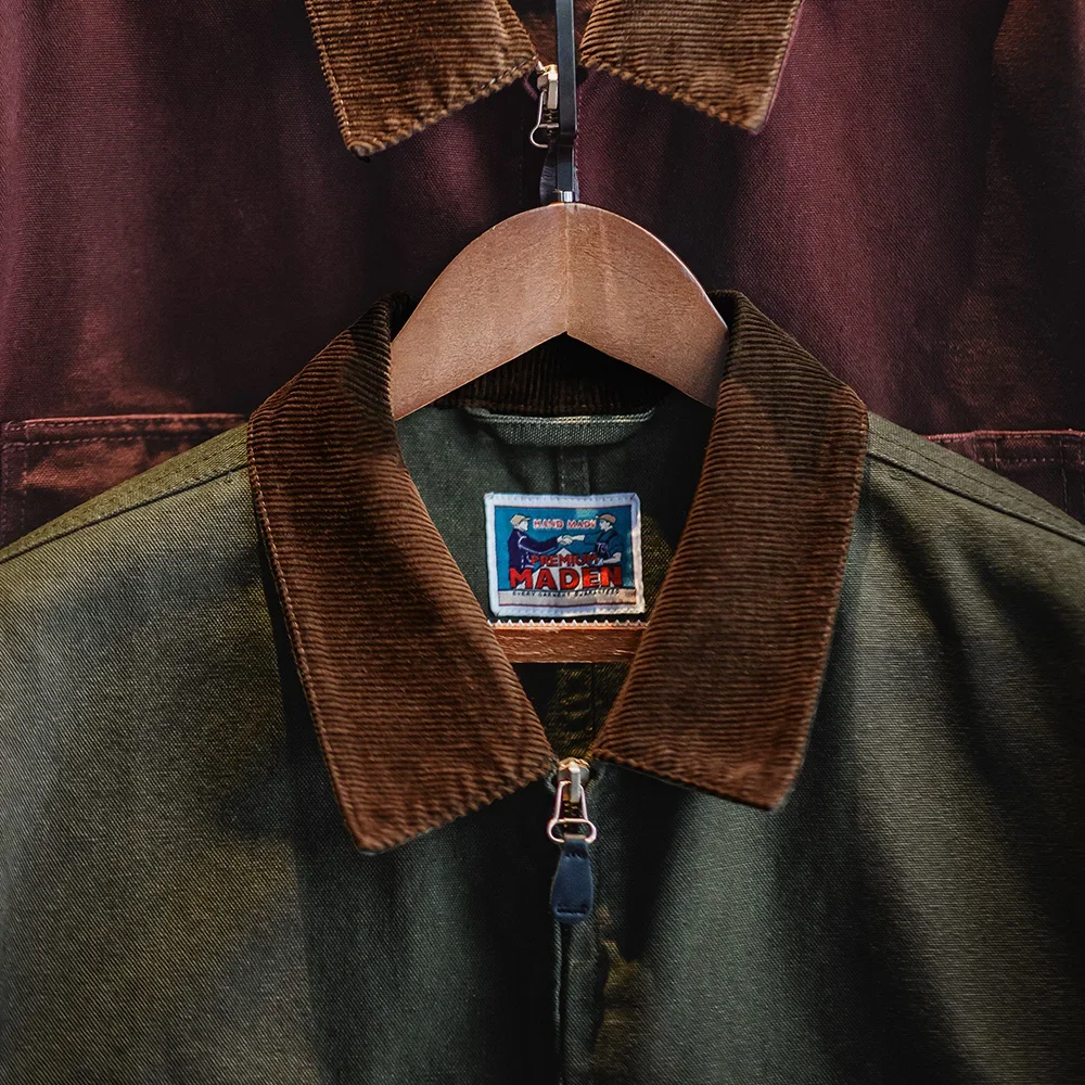 Maden Retro Heavyweight Canvas Detroit Jacket Corduroy Collar Hunting Short Zip-Up Jacket with Pockets Men's Autumn Outerwear - Image 5