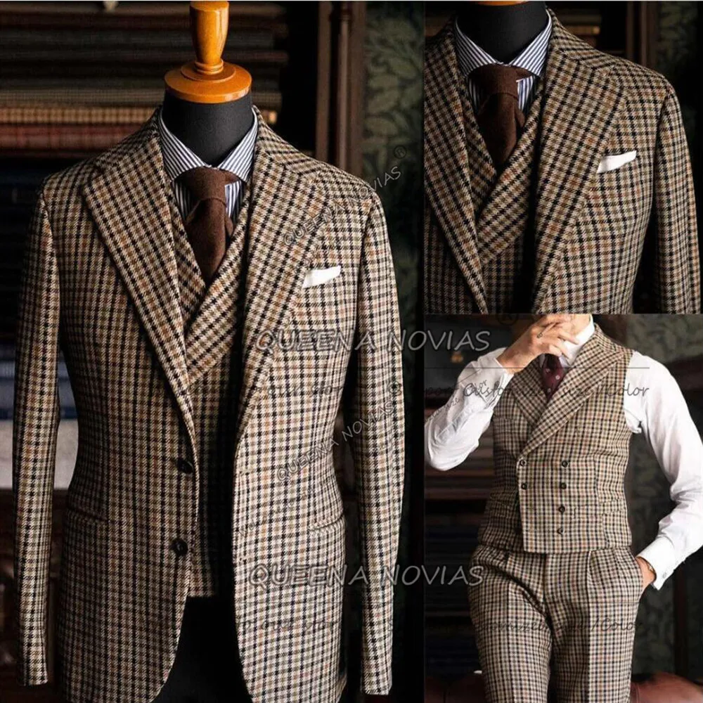Classic Plaid Checks Suits Men 3 Pieces Houndstooth Single Breasted Prom Blazers Customized Man Business Attire Groom Tuxedos