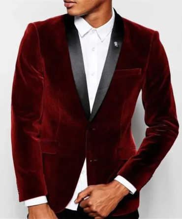 1 Piece Luxury Burgundy Velvet Men's Suits Single Breasted Black Shawl Lapel Slim Fit Blazer Formal Wedding Groom Jacket Outfit