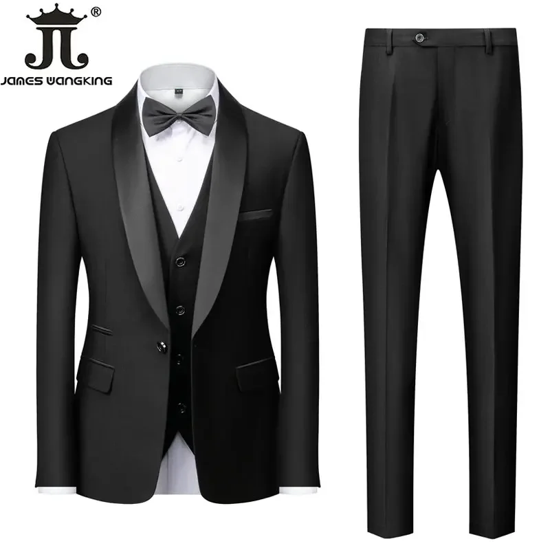 M-6XL Jacket Vest Pants Solid Color Men's Formal Business Office Suit Groom Wedding Dress Party Blazer Waistcoat Trousers Tuxedo - Image 3