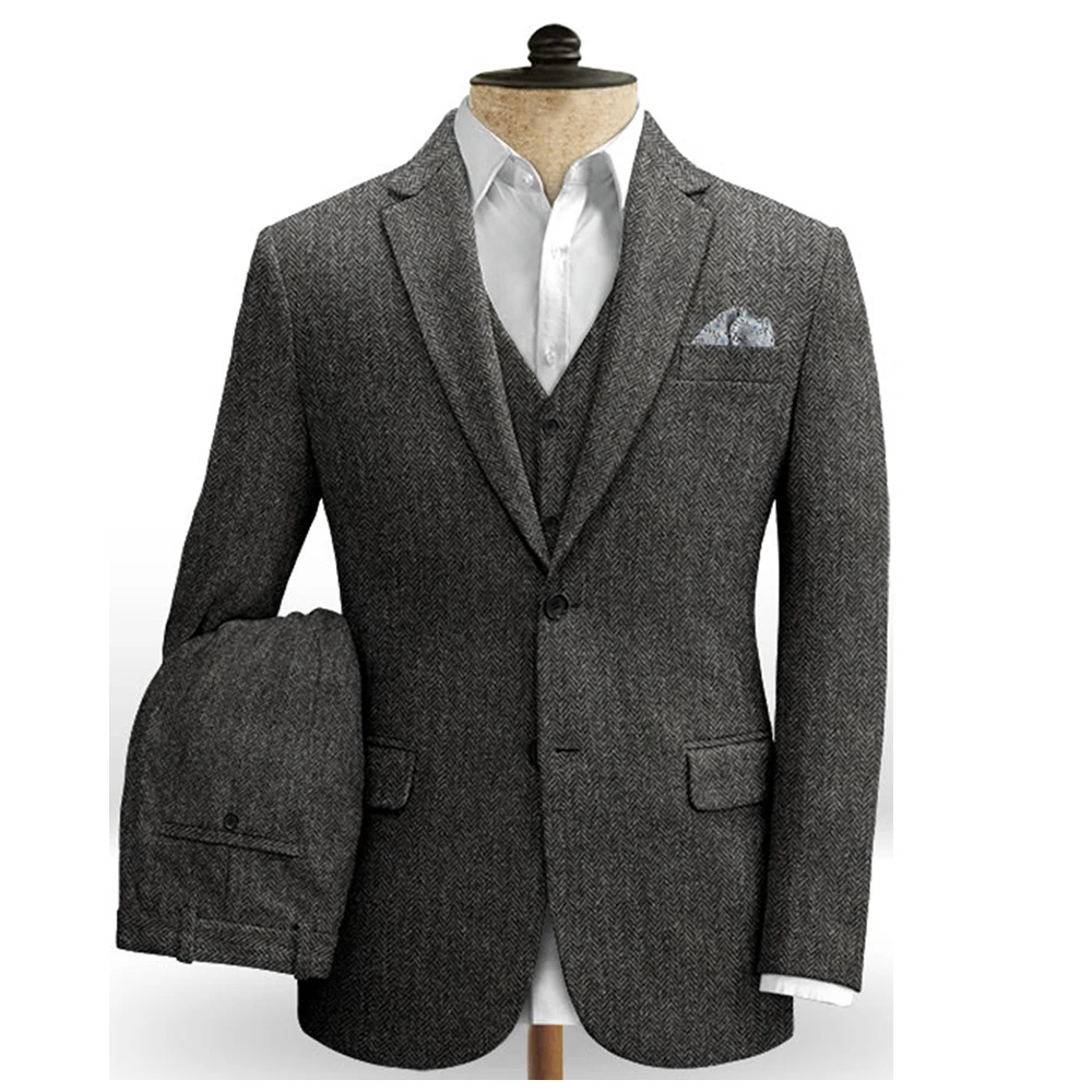 Classic Mens Tweed Suits Tweed Suit Homme Vintage Single Breasted Suits For Men Tailor-Made Mens Suit 3 Piece Costume Men 2024