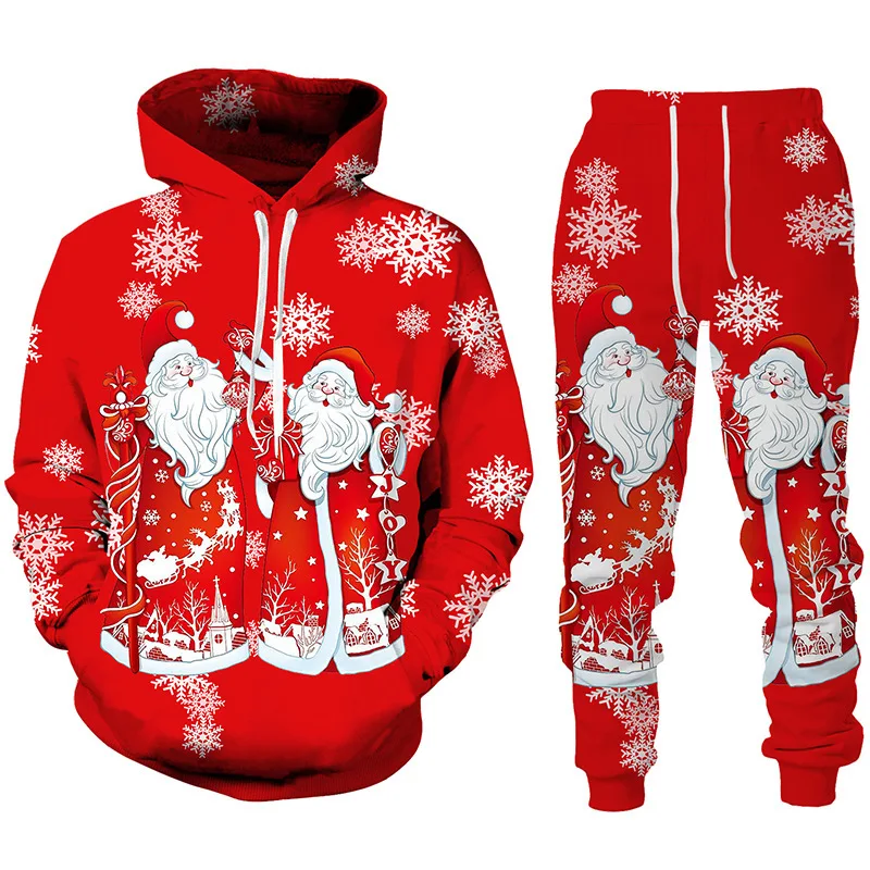 Santa Claus Printing Men's Sweatshirt Sets Autumn Winter Fashion X'mas Style Hoodies and Pants 2 Piece Outfit Casual Sports Suit