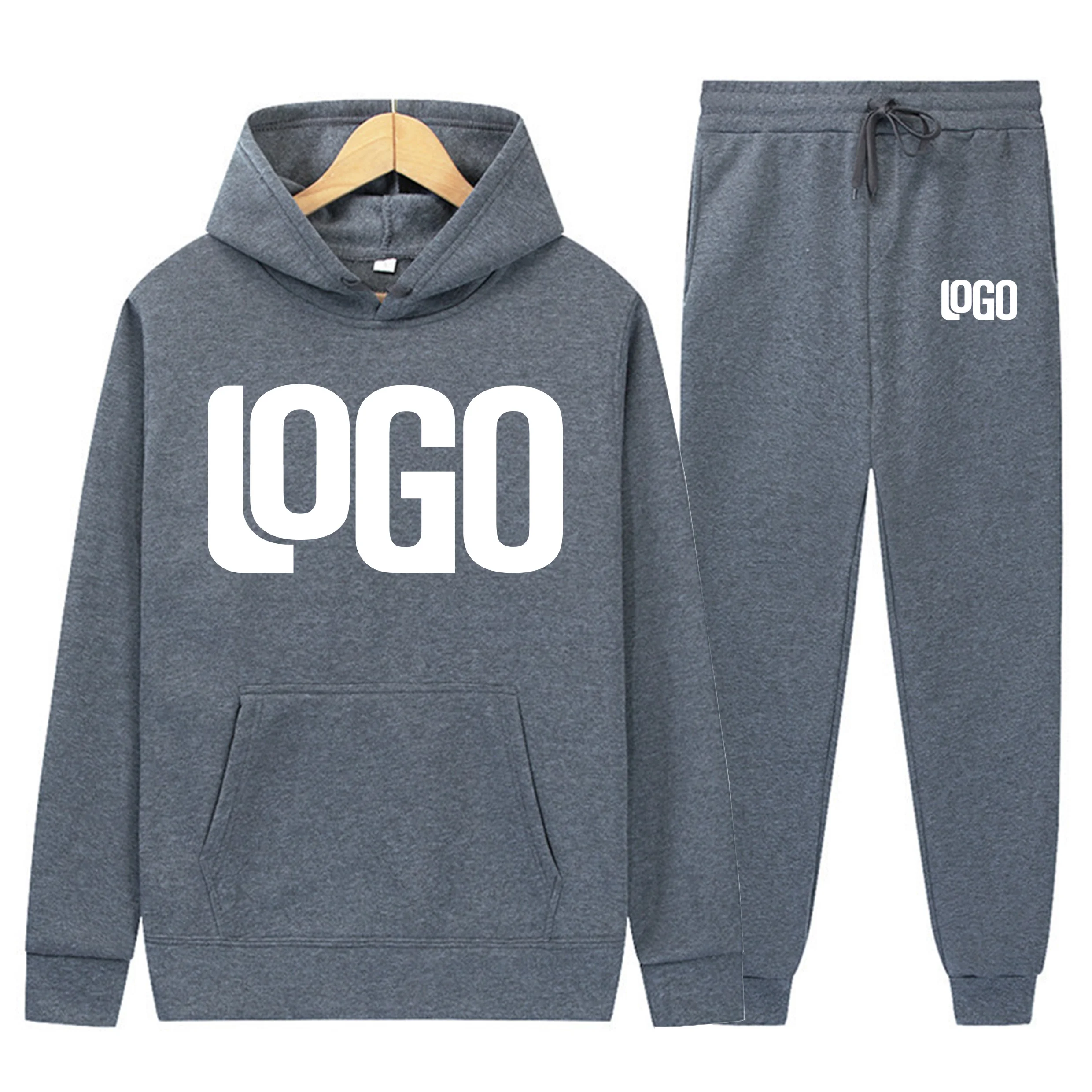 DIY customization of your brand logo, men's and women's casual hoodie set, solid color pullover, street style personalized sport - Image 5