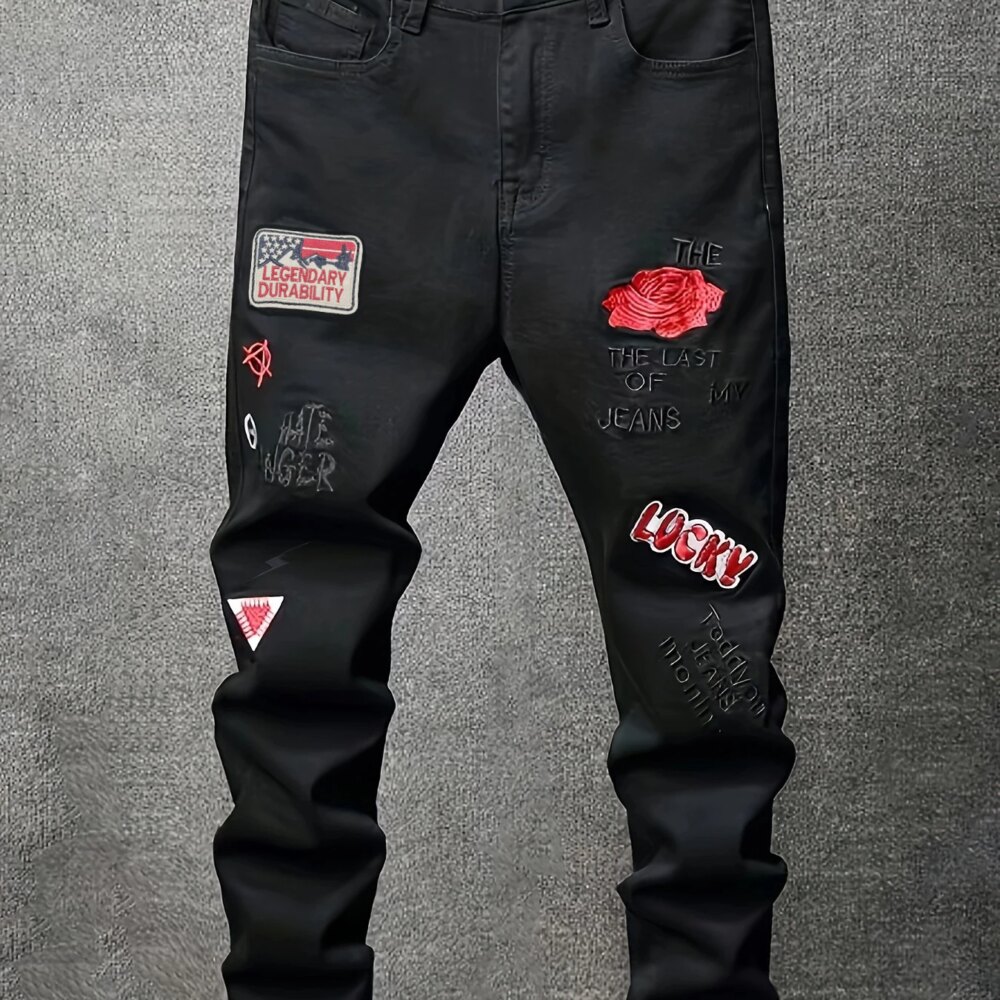 Men's slim fit jeans embroidered elastic straight leg denim pants