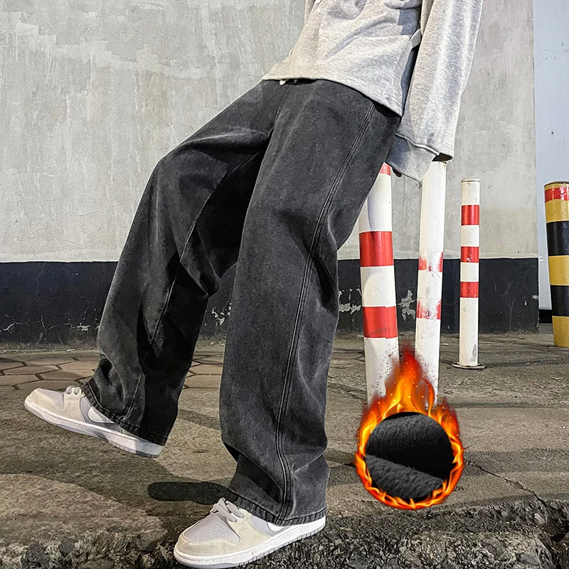 Men's Winter Fleece Loose Jeans Velvet Warm Elastic Waist Wide Leg Y2K Denim Pants Straight Comfortable Brand Men's Clothing