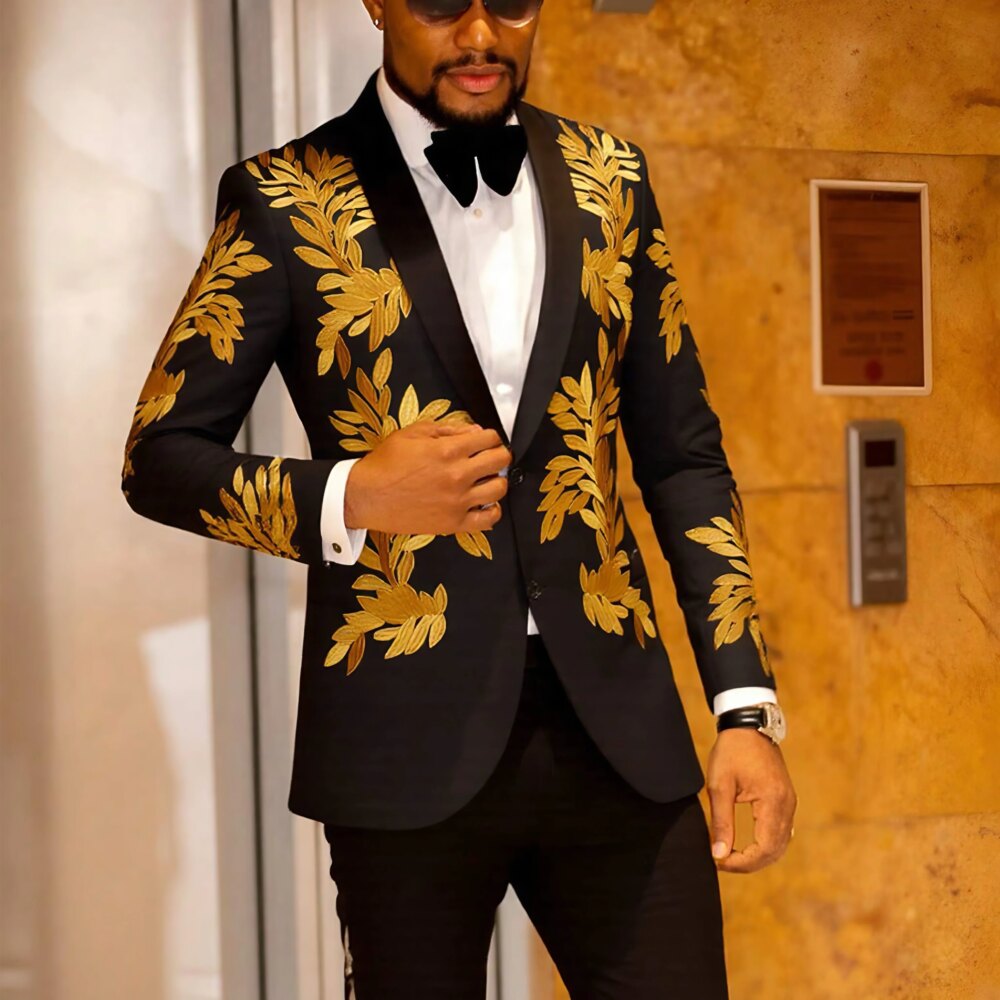 Men's floral embroidery slim-fitting single-button two-piece suit, suitable for parties, evening events, weddings, banquets, and