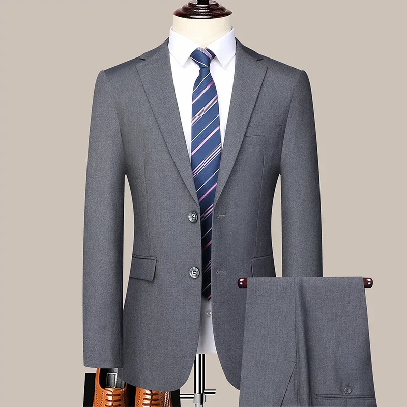Men's 2024 Slim-fit Two-button Business Suit Professional Work Formal Two-piece Set Trousers Included S-6XL