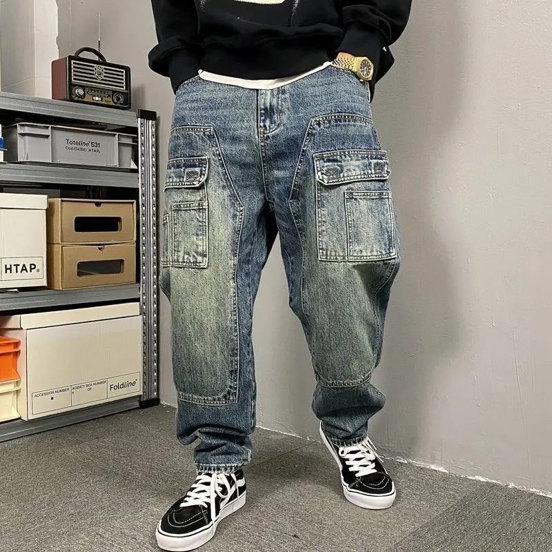 Autumn American Casual Ruffian Handsome Washed Retro Tooling Jeans Men's Straight Loose High Street Tapered Pants Tide