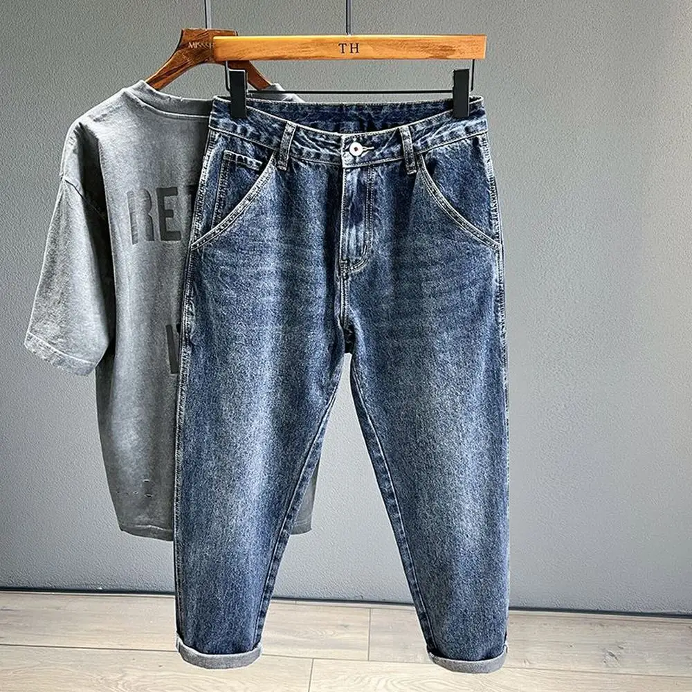 Korean Vintage Loose Tapered Men's Jeans Fashion High Street Drape Harem Pants Youth Hip Hop Streetwear Male Blue Denim Trousers