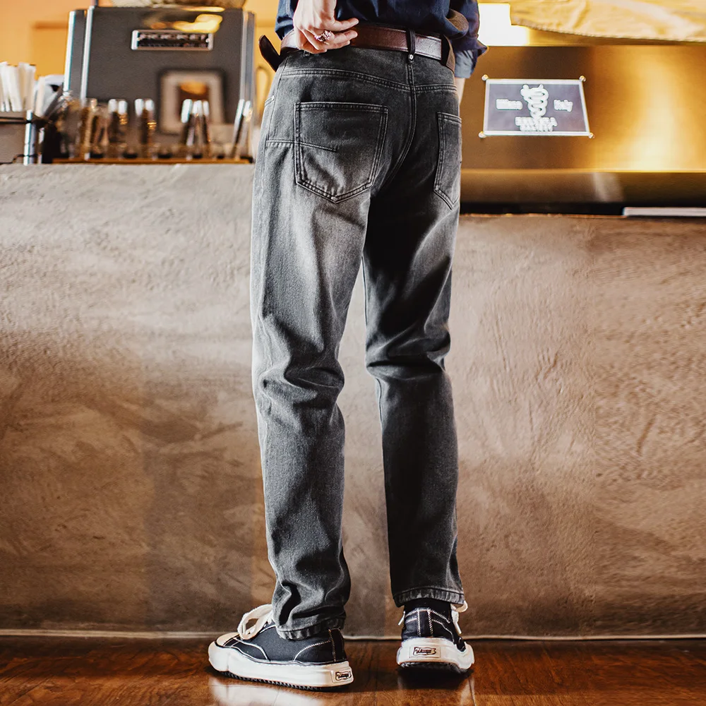 Maden Men's Vintage 13oz Heavyweight Denim Jeans Washed Gray Straight Leg Tapered Pants Casual Trousers for Spring and Fall - Image 3