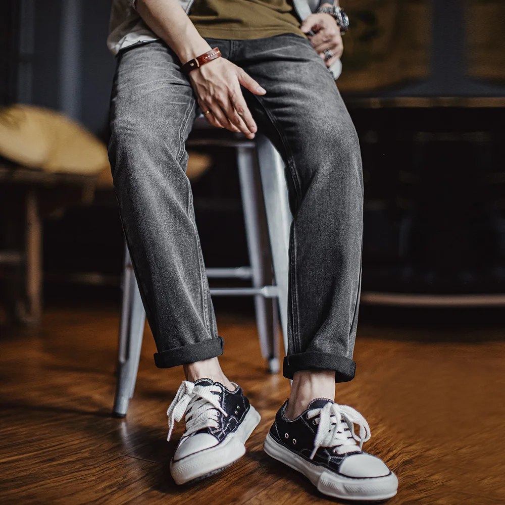 Maden Men's Vintage 13oz Heavyweight Denim Jeans Washed Gray Straight Leg Tapered Pants Casual Trousers for Spring and Fall - Image 4