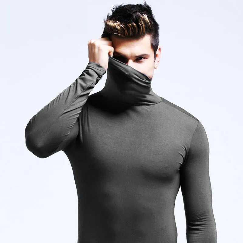 New Men Fashion T Shirt Tees Slim Tops Male Stretch T-shirt Turtleneck Long Sleeve Tee Shirts High Collar Men's Cotton Tees - Image 4