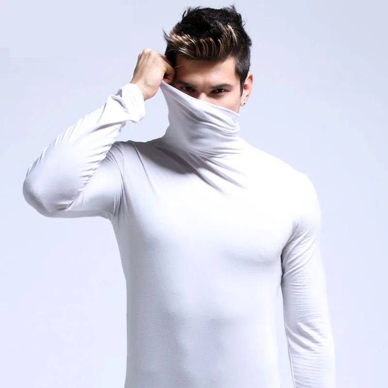 New Men Fashion T Shirt Tees Slim Tops Male Stretch T-shirt Turtleneck Long Sleeve Tee Shirts High Collar Men's Cotton Tees - Image 6
