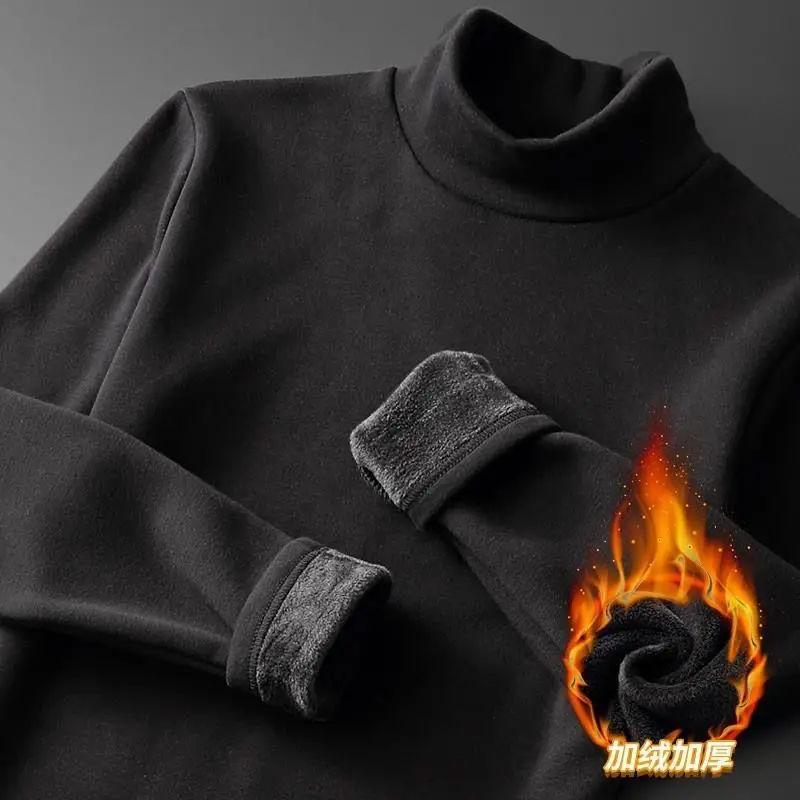 Fashion Men's Thickened Turtleneck T-Shirts Double-Sided Plush Autumn Winter Tops Casual TEES Plus Size Warm Knit Base Sweater - Image 4