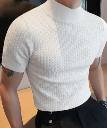 2024 Slim Fit Knitted T-shirt for Men Solid Turtleneck Casual Shirts Men's Short Sleeve Knit Sweater Bottoming Tops Streetwear