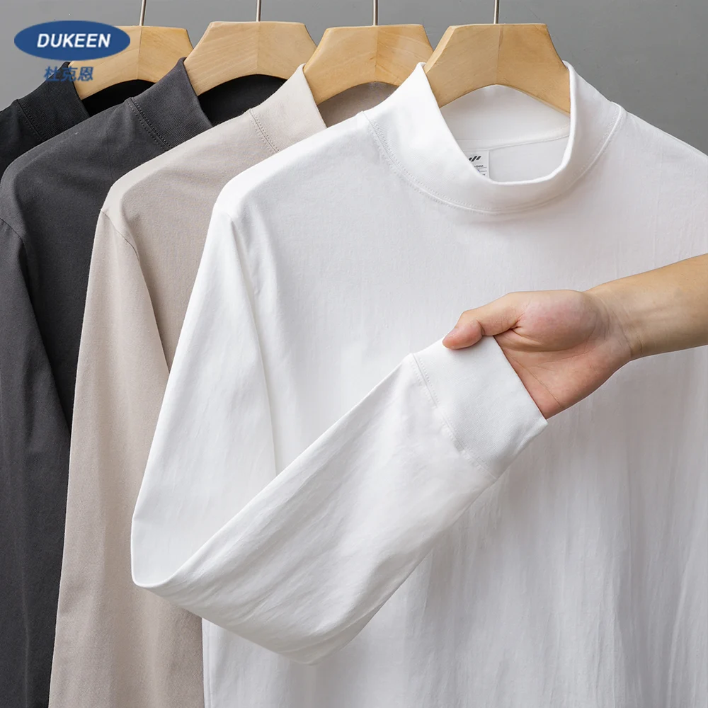 Dukeen 270G Heavyweight Half-Turtleneck Long-Sleeve T Shirts for Men Autumn 100% Cotton Solid Color Undershirt Men's Clothing