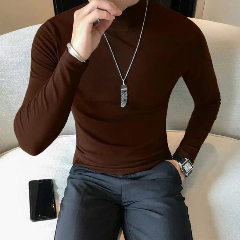 Spring New Men's Turtleneck T-shirt Long Sleeve Slim Fit Solid Color High Elastic Bottoming Pullovers Basic Style Male Tops - Image 5