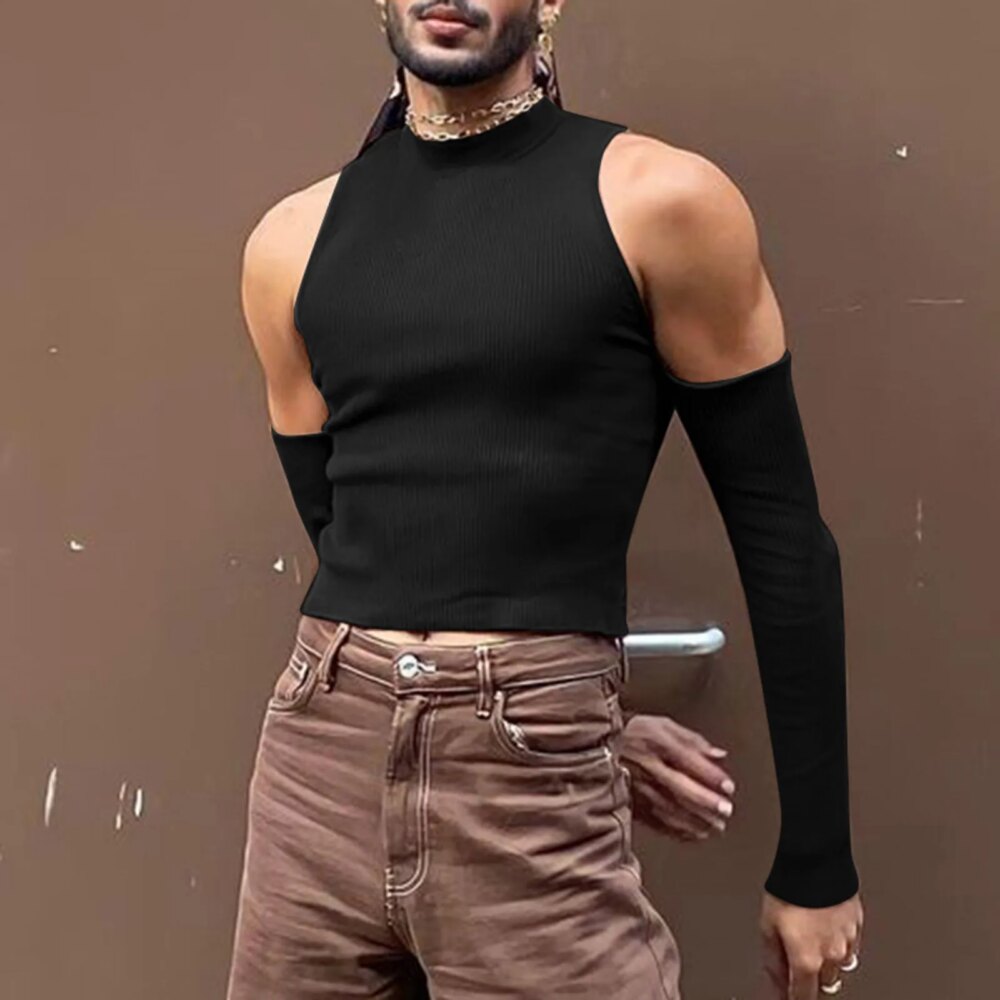 New Chic Men Hollow Out Long Sleeve T Shirt Casual Turtleneck Sweatshirt Streetwear Crop Off Shoulder Tops Summer