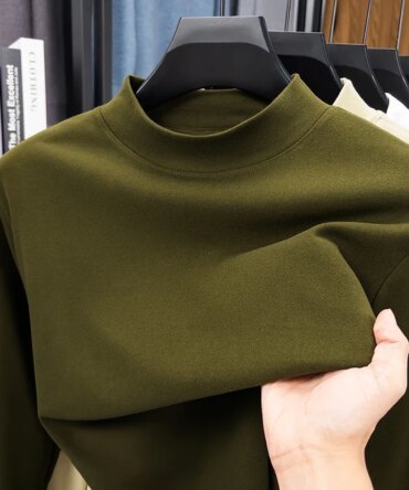 2025 New Men's Casual Solid Color High Collar Velvet Long Sleeve T-shirt Spring and Autumn Versatile Comfortable Top