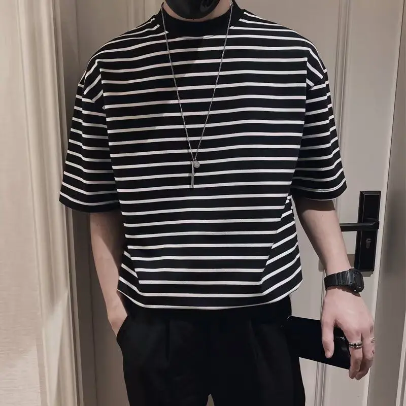 Korean Summer New Fashion Stripe Short Sleeve T-shirt Men Simple Turtleneck Male Clothes Trend Loose Casual Versatile Thin Tops