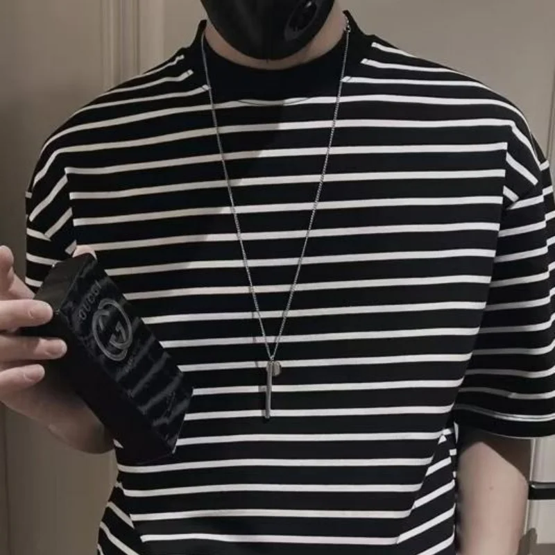 Korean Summer New Fashion Stripe Short Sleeve T-shirt Men Simple Turtleneck Male Clothes Trend Loose Casual Versatile Thin Tops - Image 5