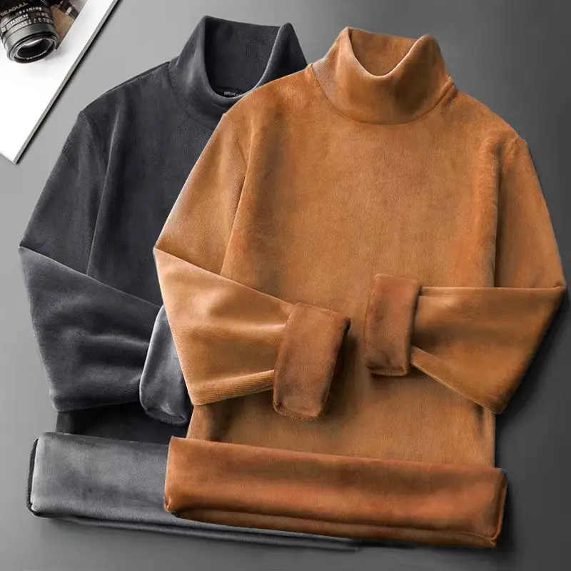 Autumn Winter Men's Turtleneck Thicken Warm Top Tees Casual Solid Lock Temperature Heat High Collar Velvet Cotton T-shirt - Image 4