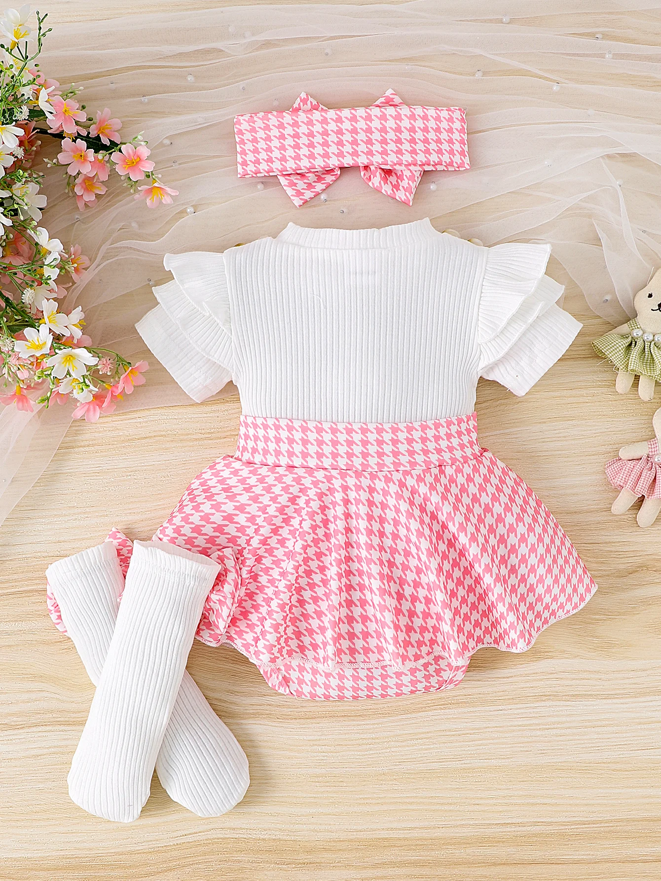 3PCS Summer new style girls 0-1 years old sweet and lovely short-sleeved houndstooth dress - Image 4