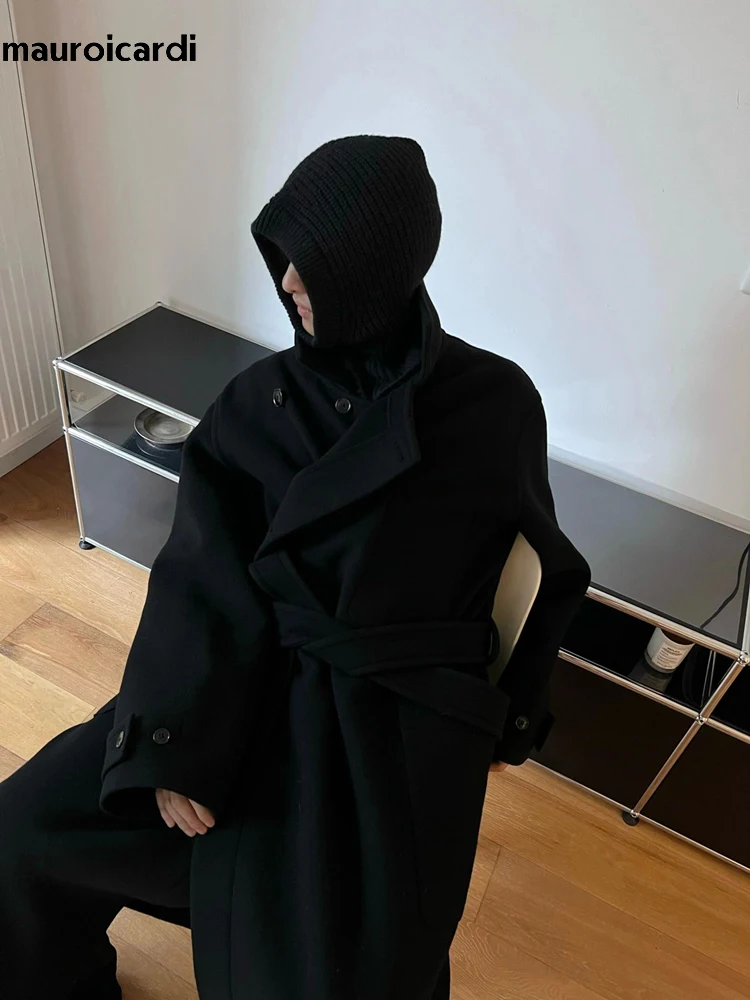 Mauroicardi Autumn Winter Oversized Long Thick Soft Warm Black Wool Blends Coat Men Luxury Designer Clothes Woolen Overcoat 2024 - Image 3