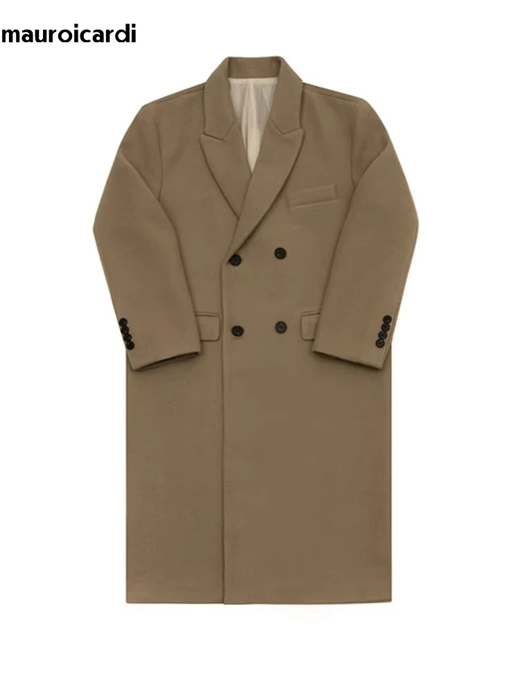 Mauroicardi Autumn Winter Long Warm Camel Black Woolen Coat Men Double Breasted Korean Style Wool Blends Overcoat with Back Slit - Image 3