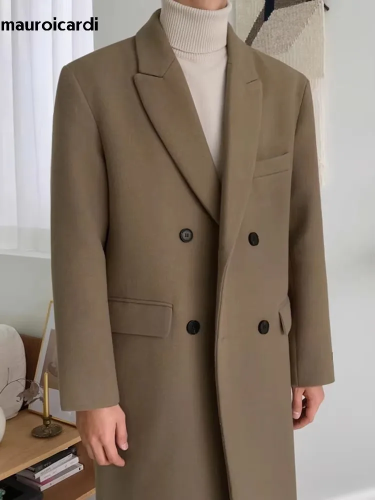 Mauroicardi Autumn Winter Long Warm Camel Black Woolen Coat Men Double Breasted Korean Style Wool Blends Overcoat with Back Slit - Image 4