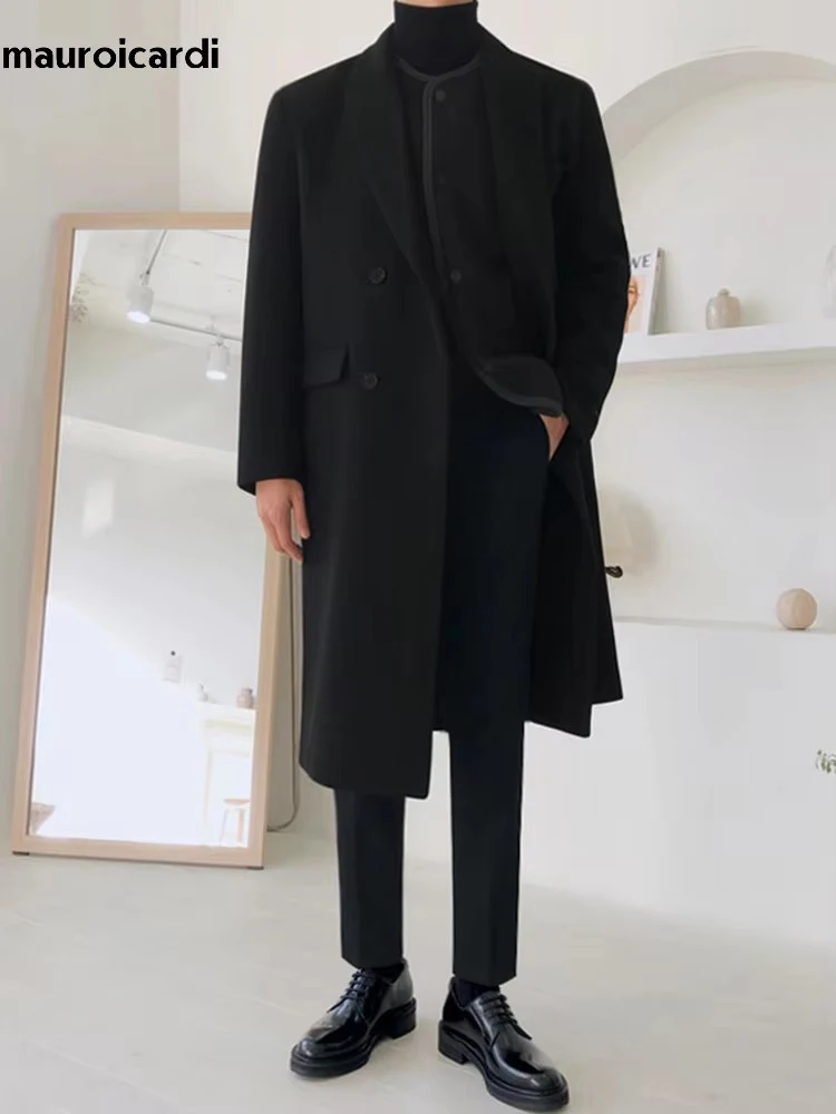 Mauroicardi Autumn Winter Long Warm Camel Black Woolen Coat Men Double Breasted Korean Style Wool Blends Overcoat with Back Slit - Image 5