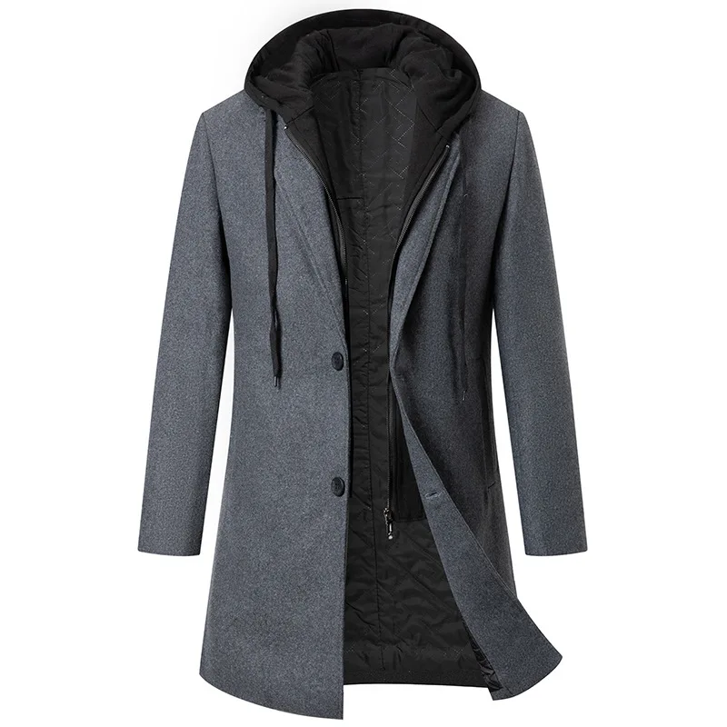 Autumn Winter Men's Wool Trench Coat Fashion Hooded Warm Long Woollen Coats Business Casual Turn Down Collar Woolen Blend Men - Image 5