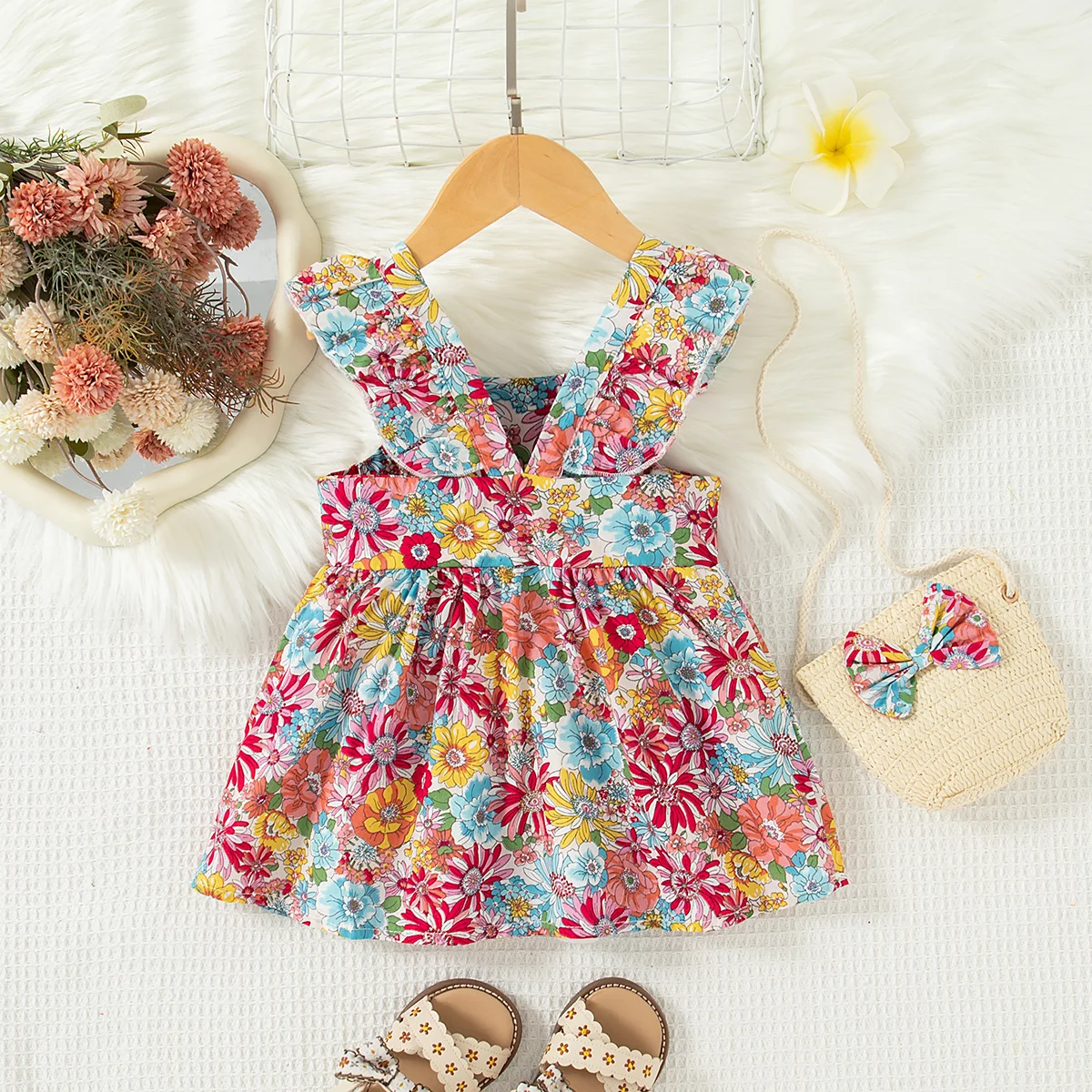 2 Pcs Summer New Baby Girl Dress Fashionable Floral Fly Sleeve Cotton Dress with Crossbody Bag Suitable for Babies Aged 0-3 - Image 5