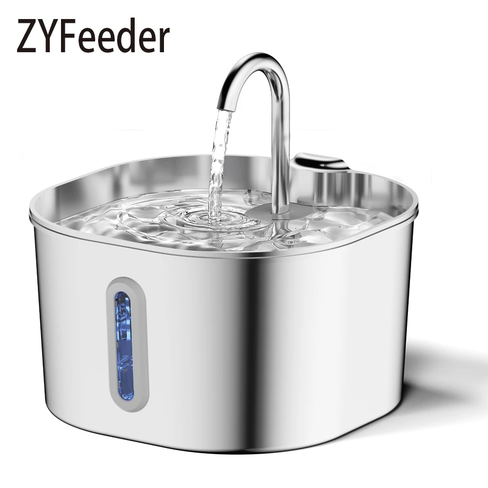 ZYFeeder 2.2L Automatic Cat Water Fountain Square Stainless Steel Pet Water Feeder Dog Water Fountain with window(No 5V 1A Plug)