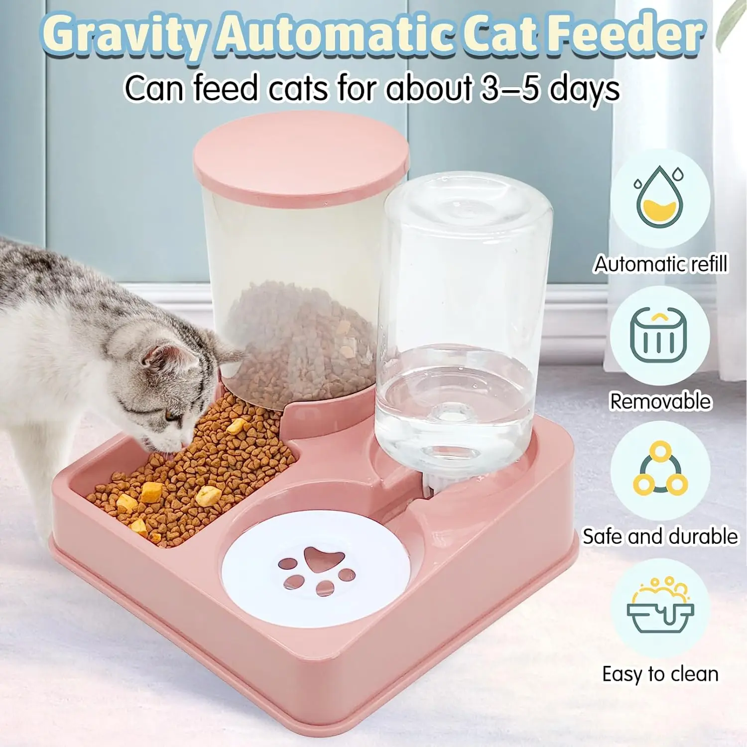 Automatic Cat Feeder Water Dispenser Set, 2 In 1 Tilted Automatic Pet Food And Water Feeder Gravity Food Feeder and Waterer - Image 3