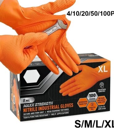 8 Mil Heavy Duty Industrial Orange Disposable Nitrile Gloves Diamond Textured Tear-Resistant for Mechanic Safety & Work Glove