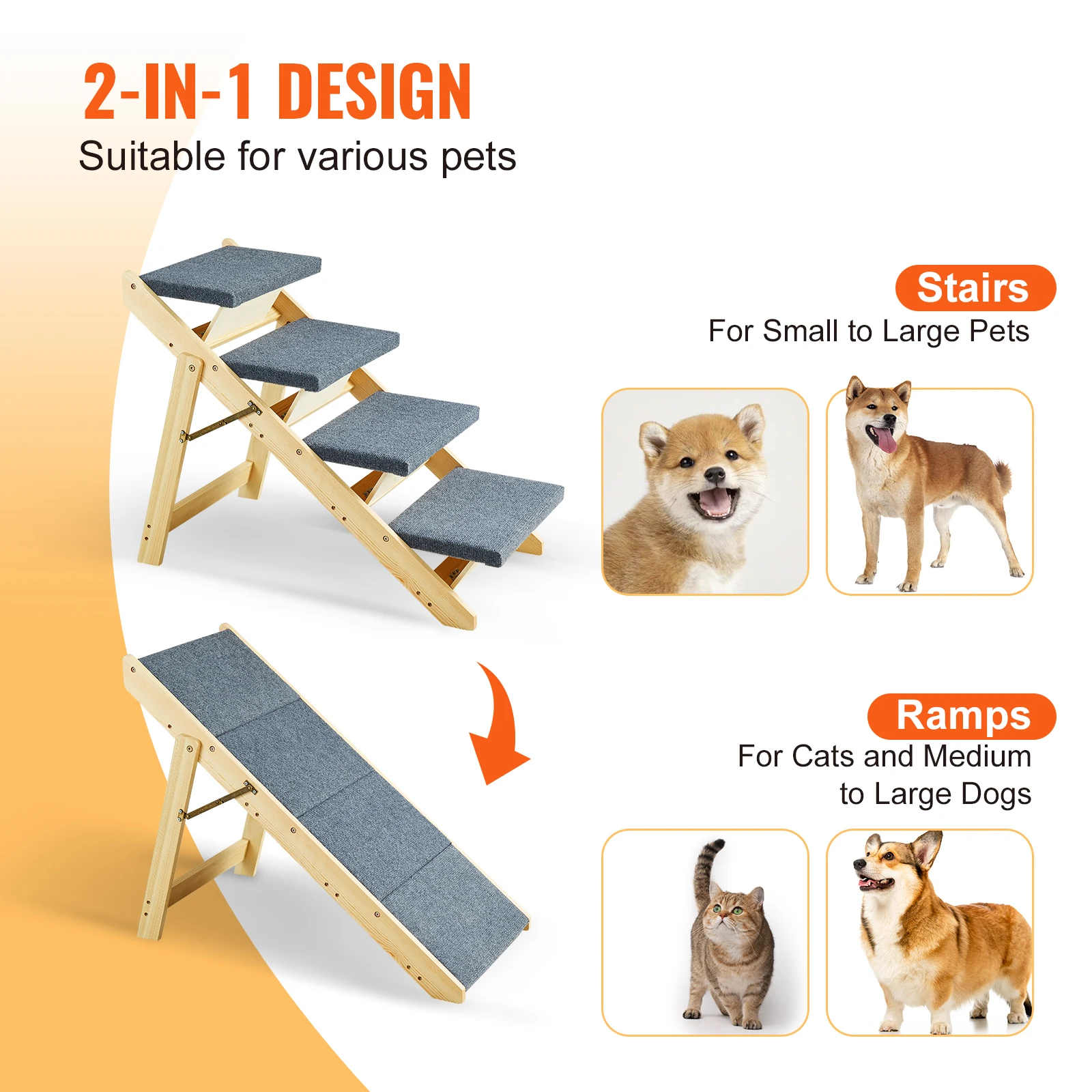 SucceBuy Wooden Pet Steps and Ramp Combo 2-in-1 Design Foldable Access for Beds Steps Structure for Pets of Small to Large Size - Image 3