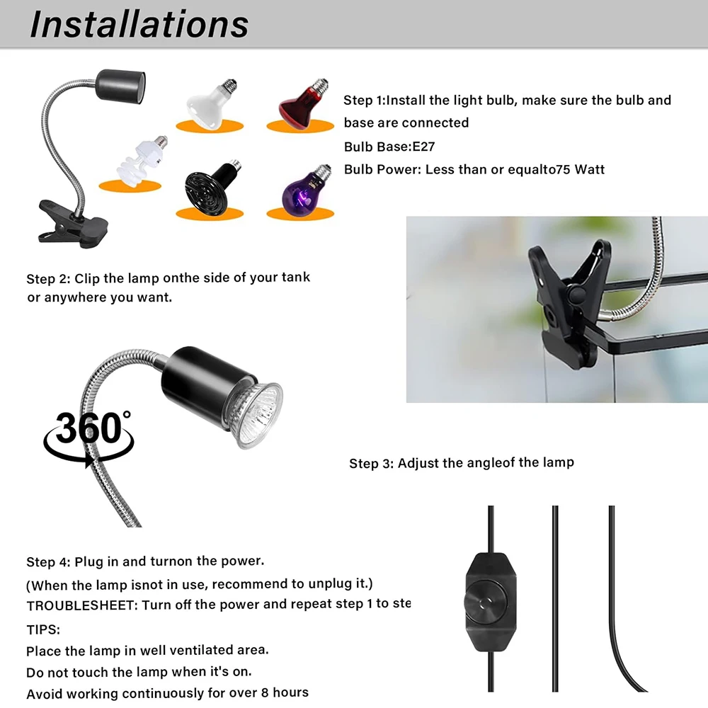 Reptile Heat Lamp 50W UVA UVB Light Rotatable Basking Spot Light Simulated Sunlight For Turtle Lizard Dimmable Heating Lamp - Image 5