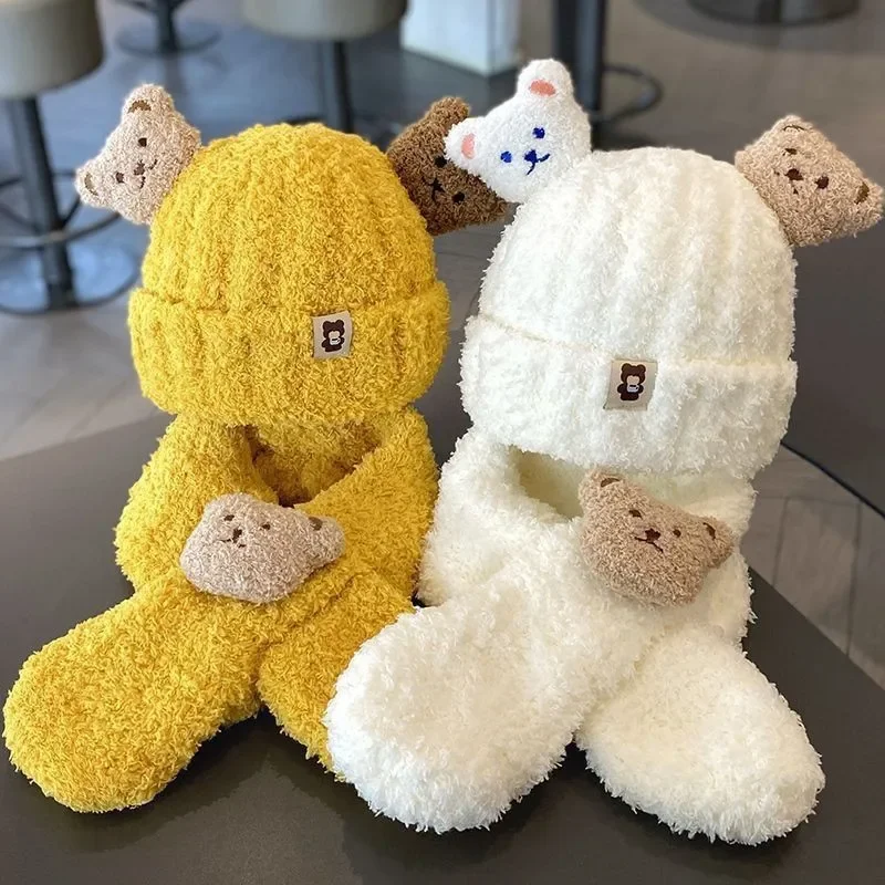 Winter Baby Plush Hat Scarf Set Cartoon Bear Beanies Warm Velvet Infant Neckerchief 6-24Month Kids Ear Protection Pullover Cap - Image 4