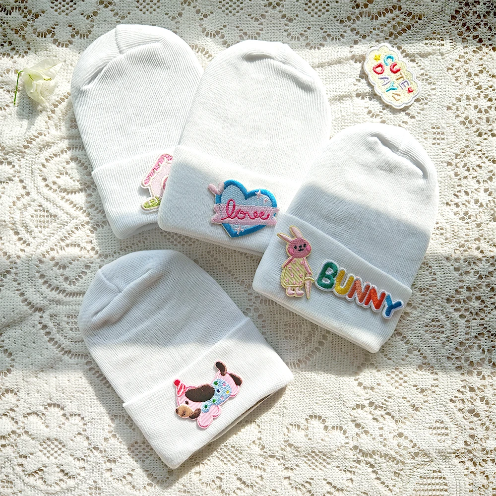 0-6Months Cute Cartoon Label Hat Newborn Knitted Beanie Hats Toddler Crochet Warm Hat Baby White Knit Hat Bonnet Baby Cloth Item - Image 3