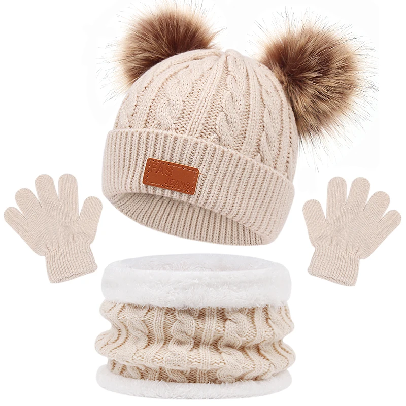 3Pcs Winter Baby Hat Scarf Gloves Set Solid Color Toddler Bonnet Cute Pompom Knitted Hats Outdoor Warm Infant Accessories 1-5Y - Image 4