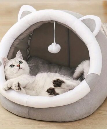 1 Comfortable Cartoon Cat House with Removable Pad, Modern Style Pet Bed Cave, Indoor Plush House Bed with Pompom