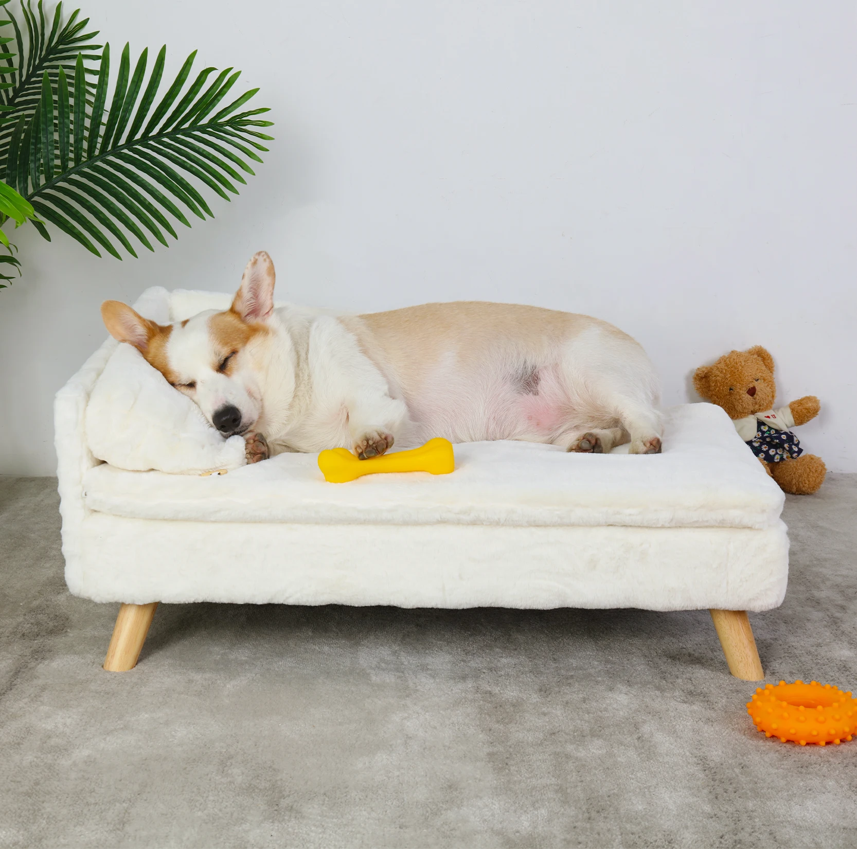 Elevated Pet Bed Solid Wood Leg Dog Cat Sofa for Indoor L Shape Plush Couch Lounge with Soft Cushion - Image 2
